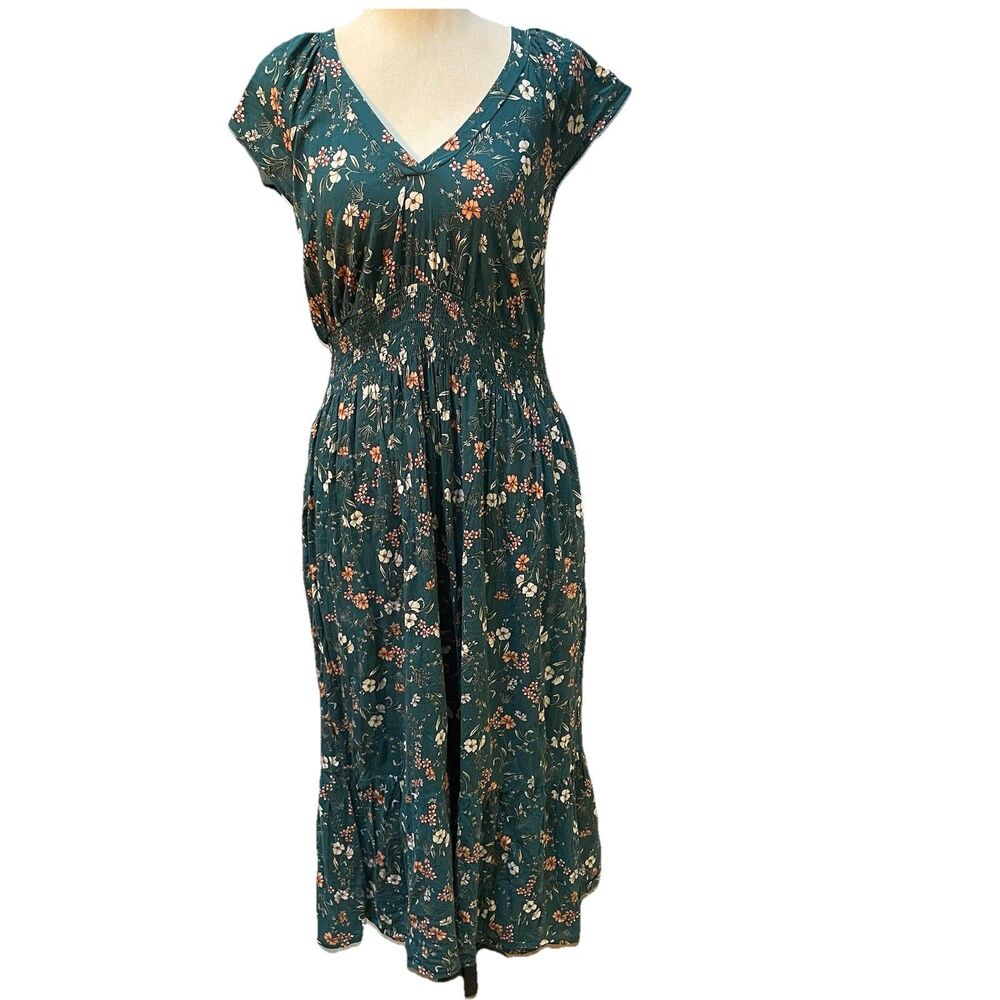 Floral Green Tiered Cottagecore  Midi Dress M Prairie Peasant Boho Coquette